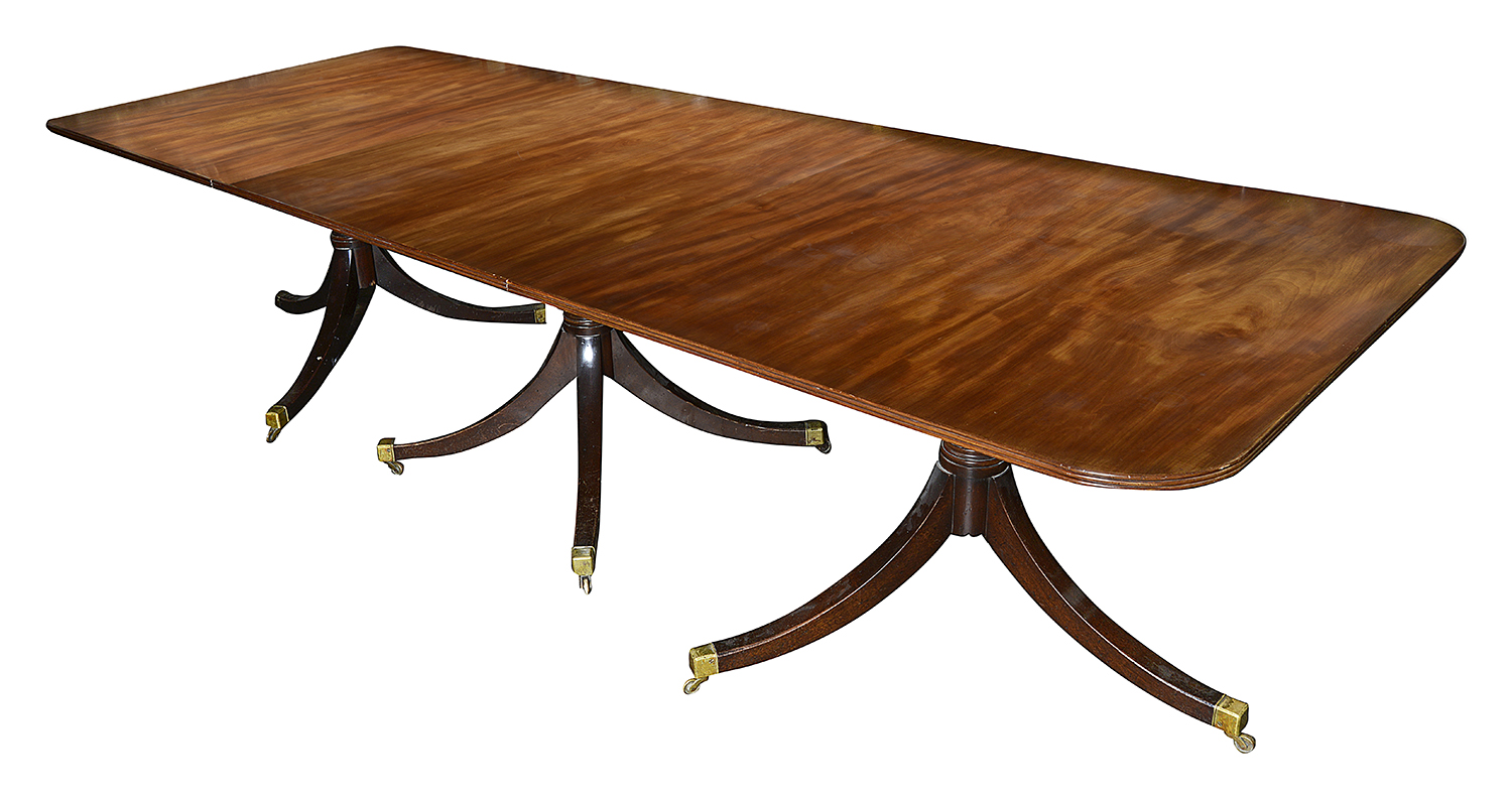 Regency style Triple pedestal Mahogany dining table, 10' in length