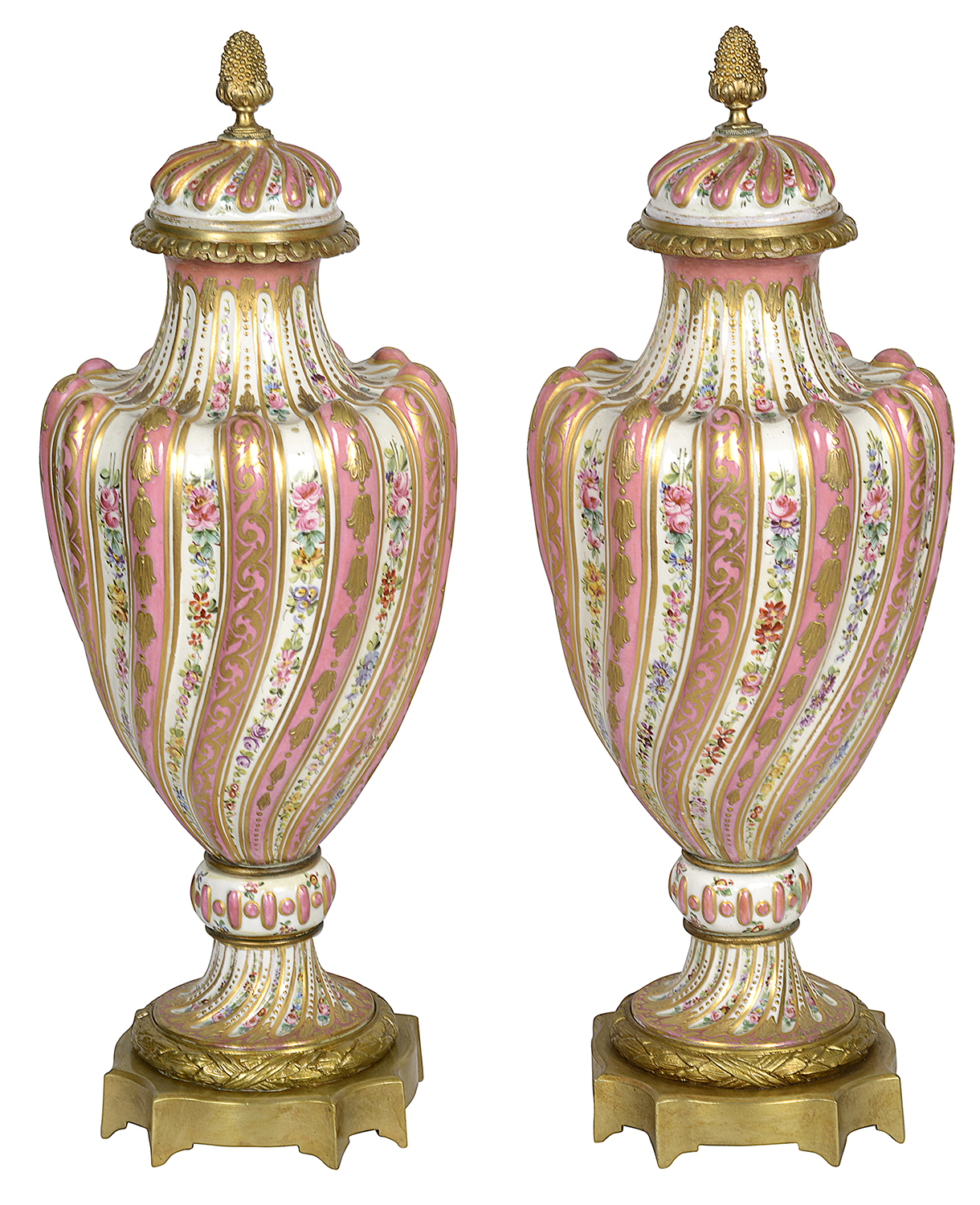 Pair C19th Pink Sevres style lidded vases