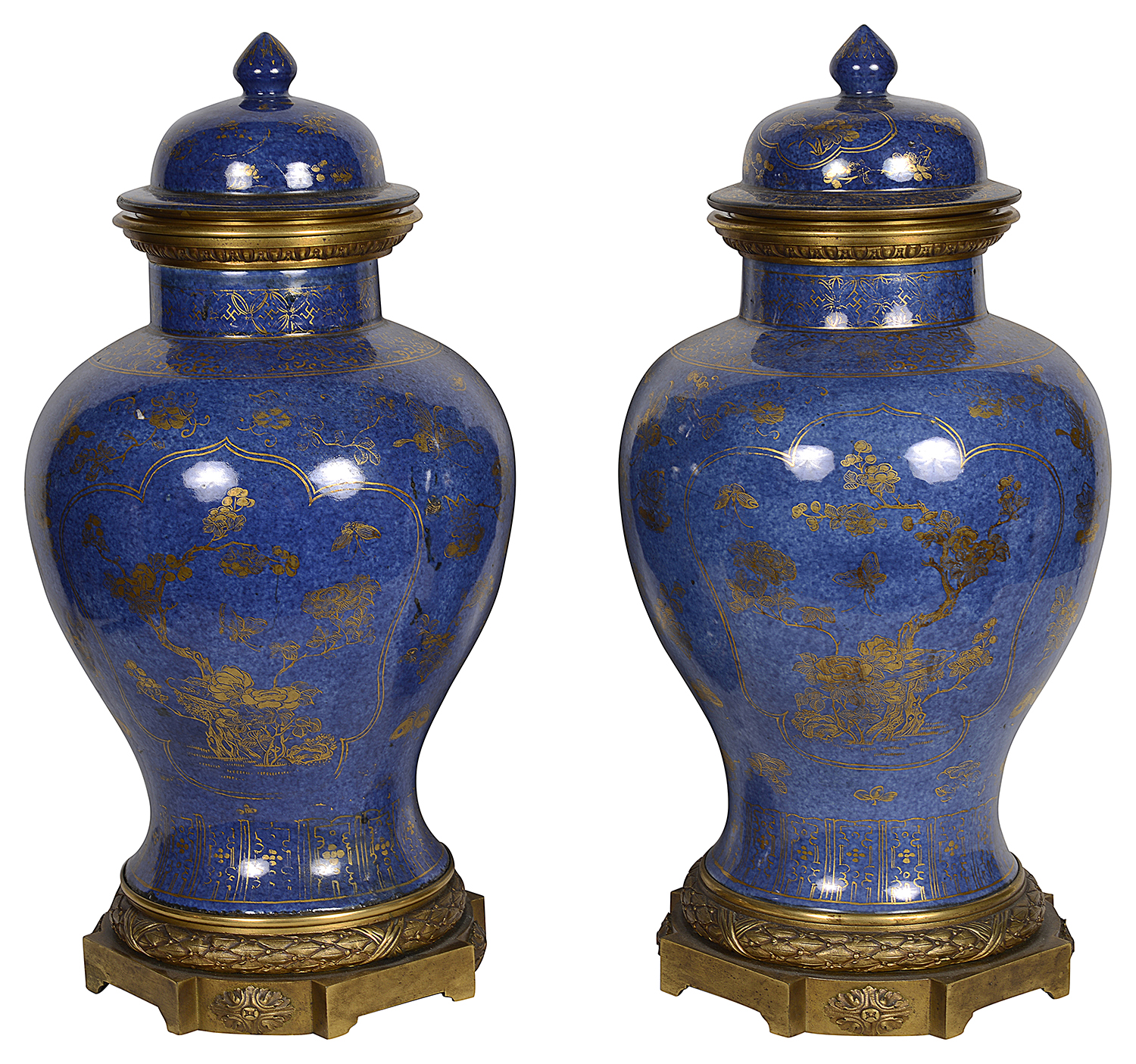 Pair C19th Powder Blue Chinese vases / lamps with ormolu mounts.