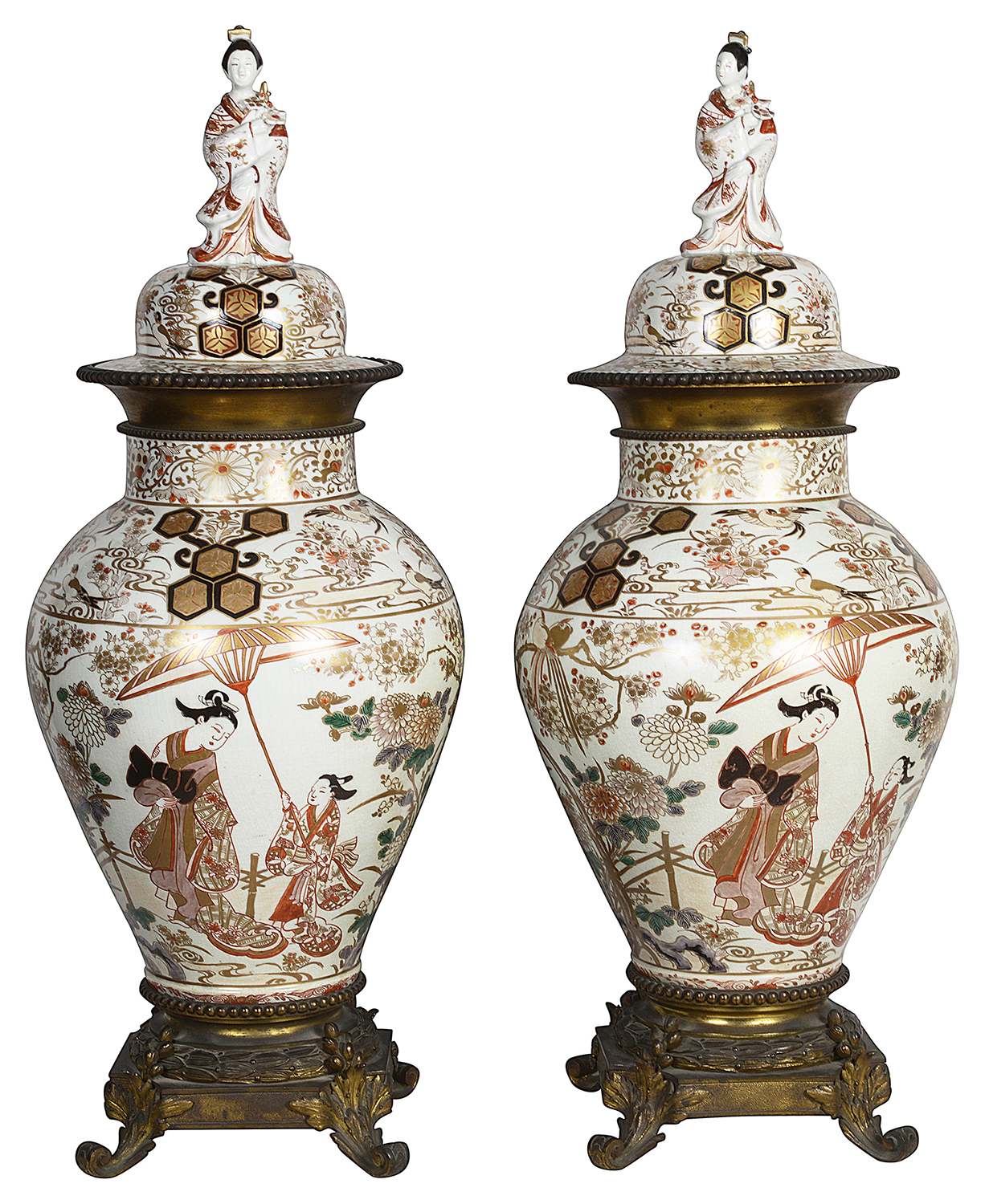 Impressive pair of large Japanese Arita Imari lidded vases, circa 1680