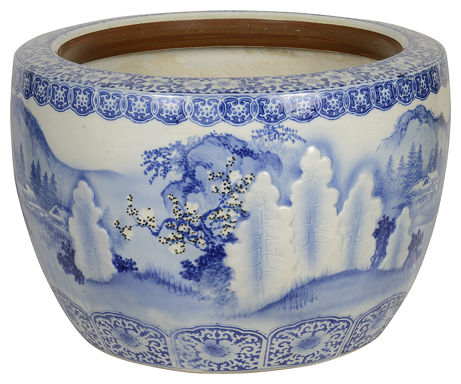 Large Japanese Blue + White jardiniere, circa 1890.