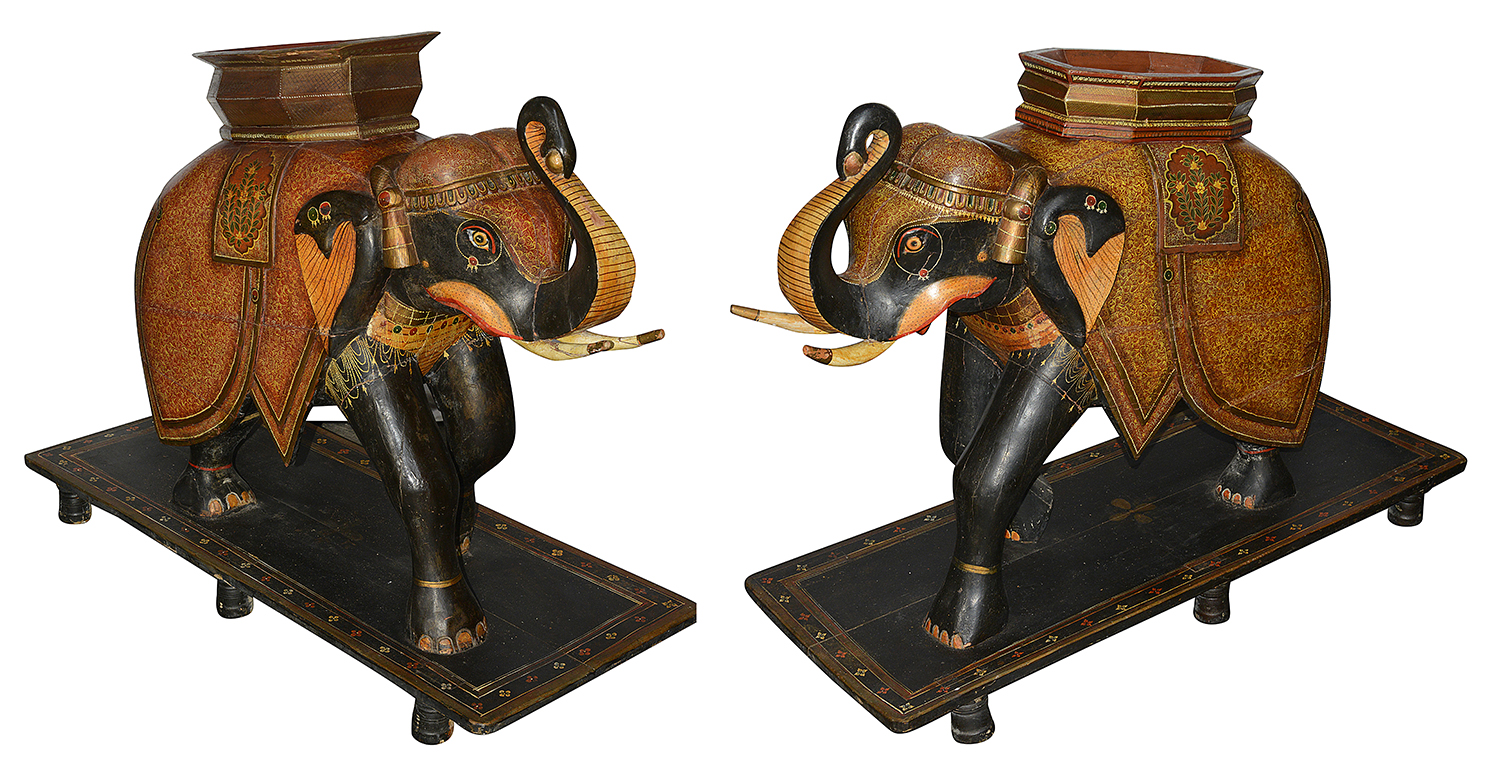 Rare pair of 19th Century. Kashmiri carved wood, lacquer elephants. 99cm high