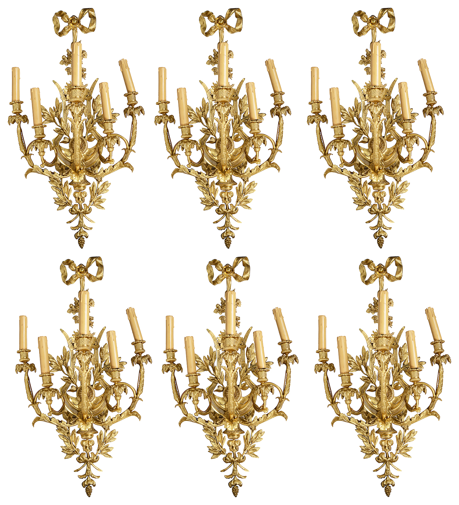 Magnificent set of six Louis XVI style gilded ormolu wall sconces.