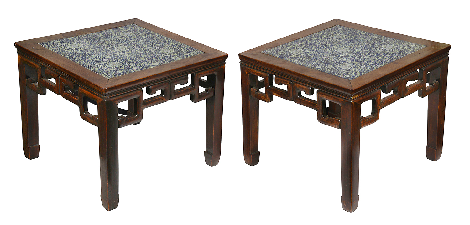 Pair 19th Century Chinese stands with inset porcelain panels