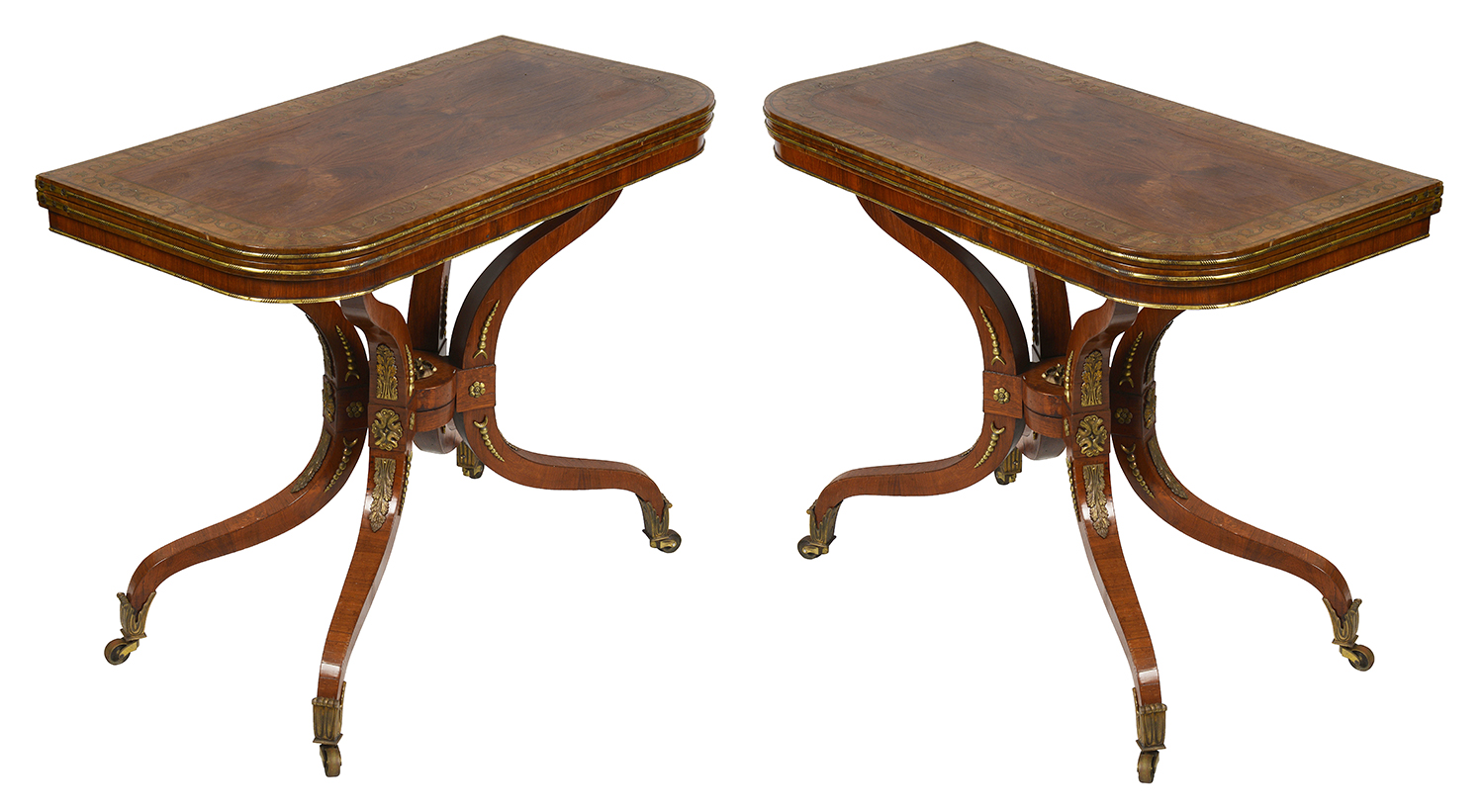 Pair Regency period Brass inlaid card tables, circa 1820