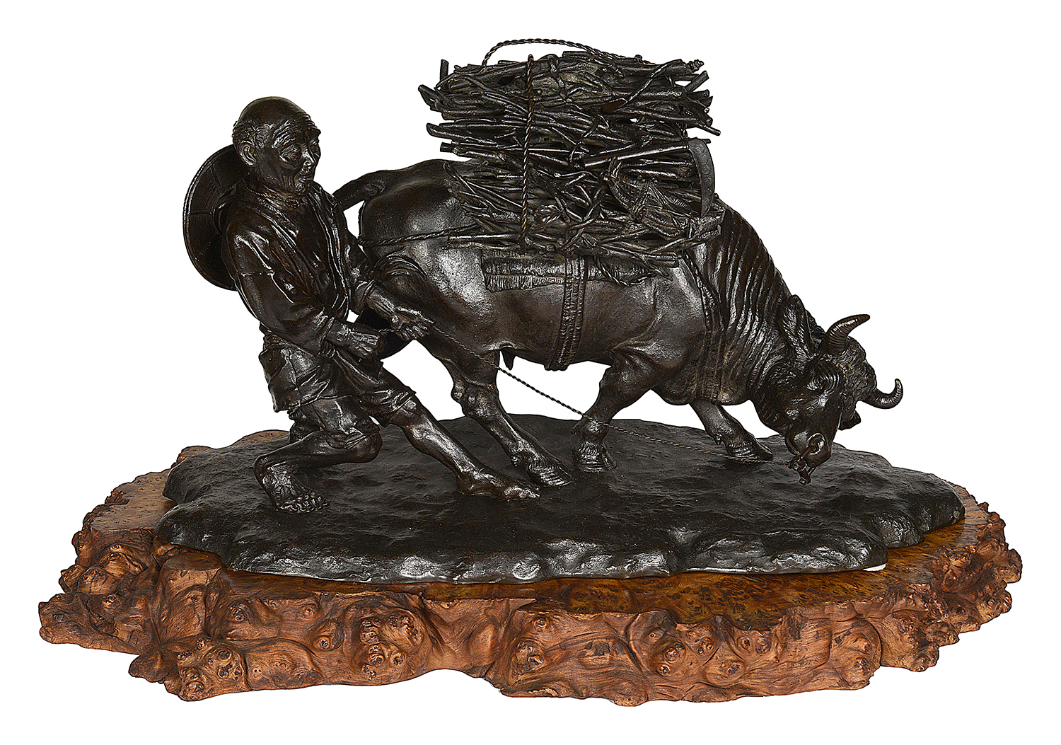 Japanese Bronze Woodsman + Buffalo, Meiji period. 68cm