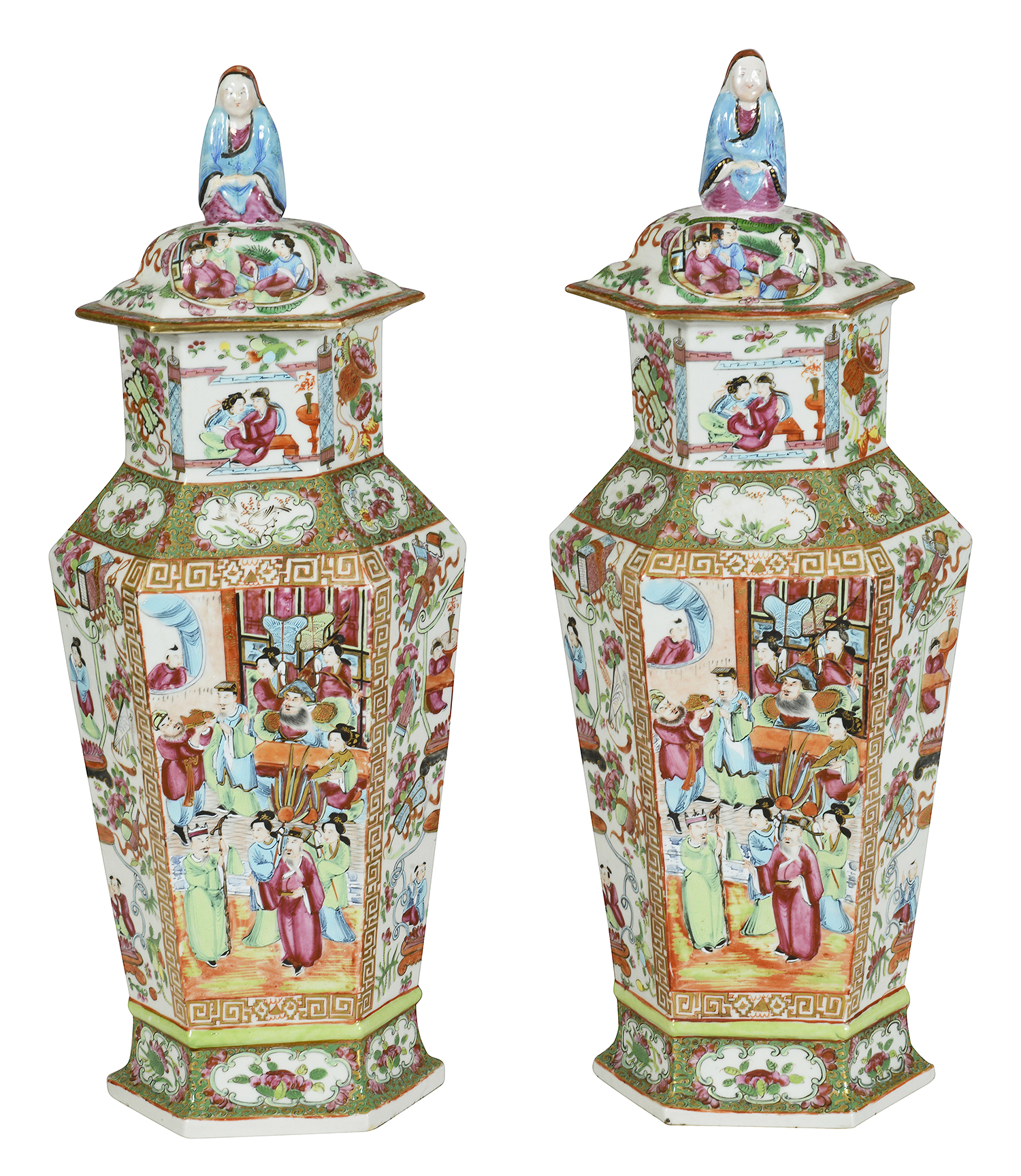 Fine pair 19th Century Rose Medallion lidded vases.
