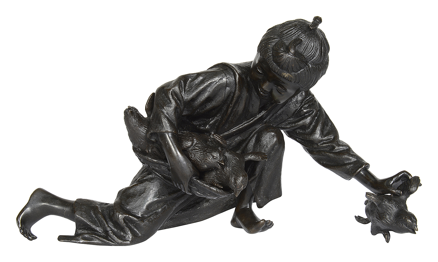 Meiji period Japanese Bronze, young girl gathering up Chickens.