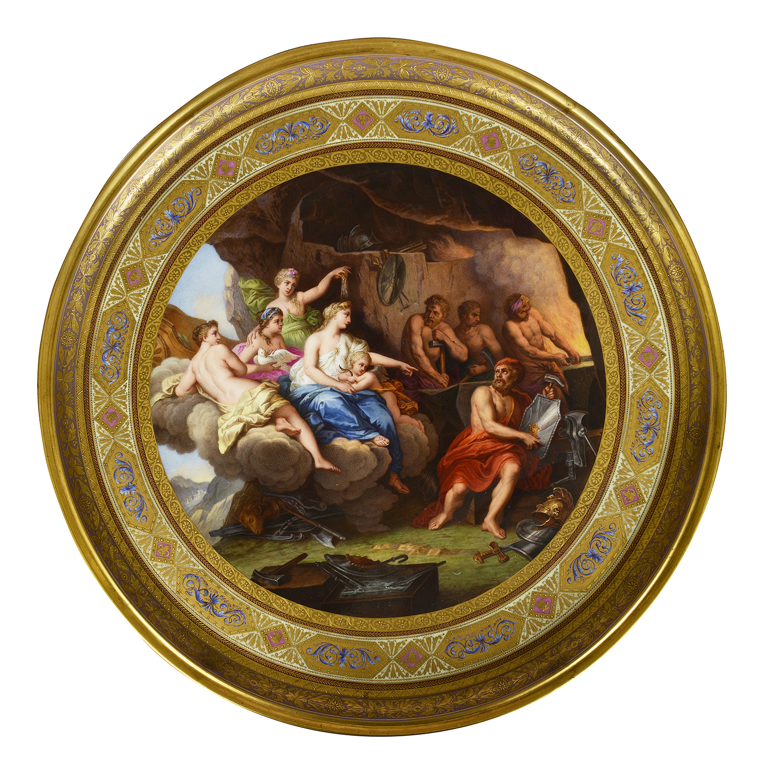 Fine Vienna porcelain charger depicting 'Venus in the Forge of Vulcan', 40cm diameter