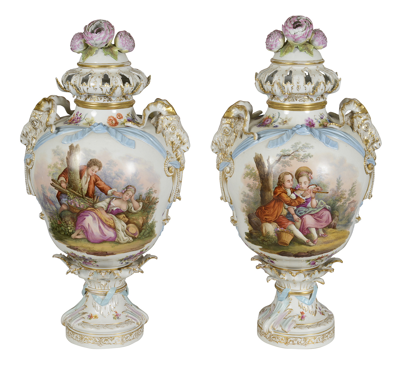 Large pair 19th Century Berlin lidded vases, 67cm high