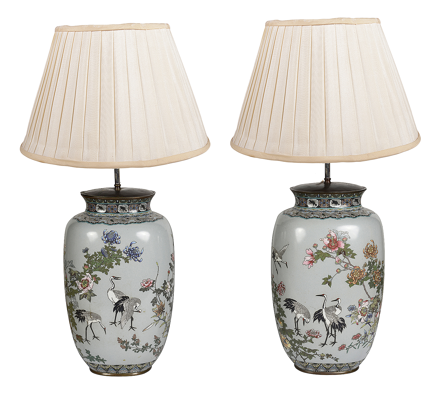 Fine quality pair of Japanese Cloisonné enamel vases / lamps, 1890.