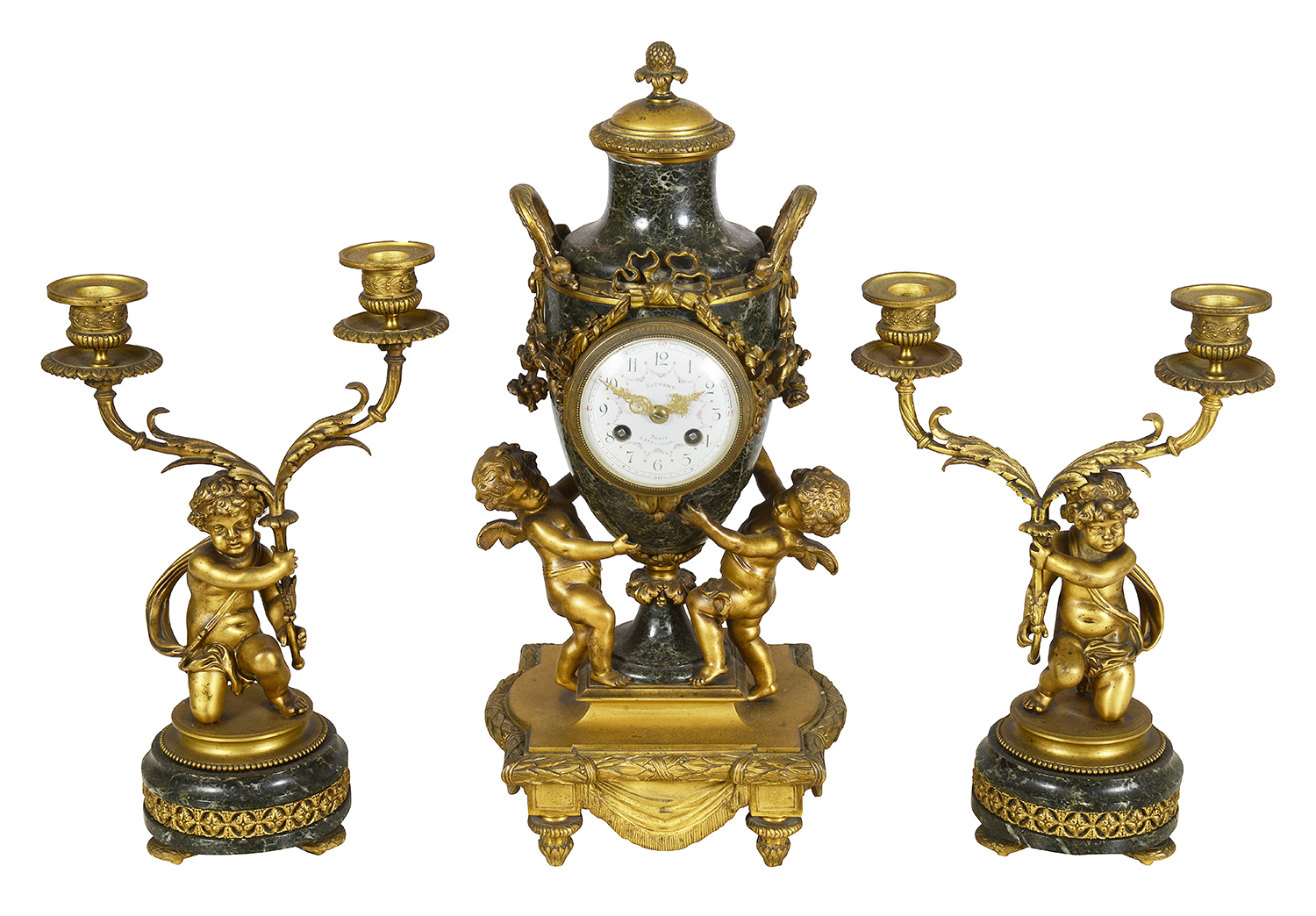 Louis XVI style ormolu clock set, C19th