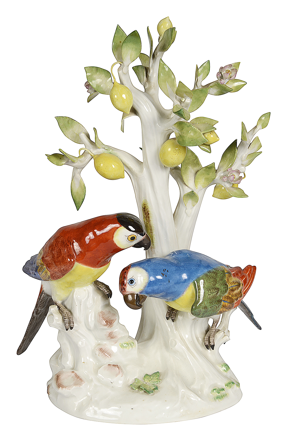 Pair Meissen parrots under a Lemon tree, C19th. 41cm