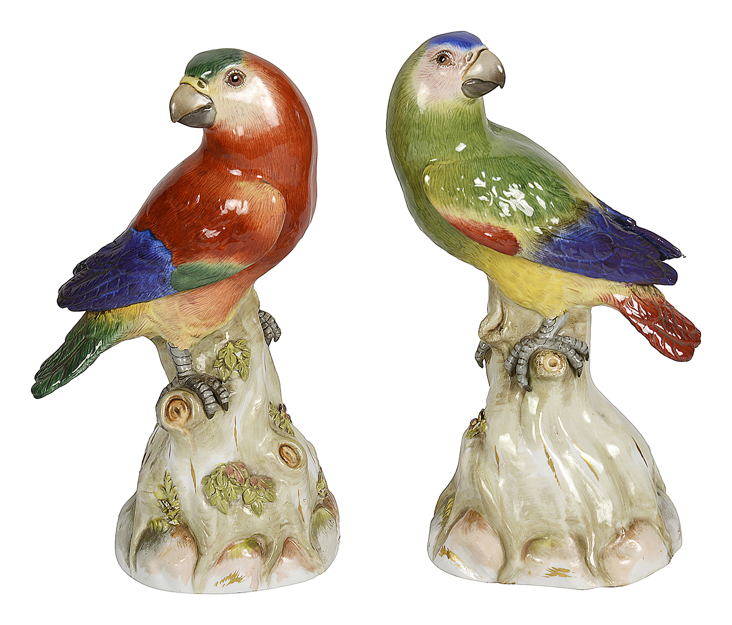 Pair late C19th Meissen Parrots, 24cm