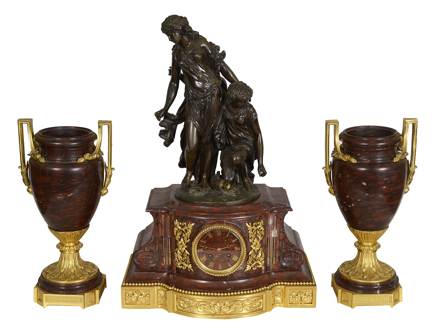 Large Louis XVI style gilded clock set, C19th