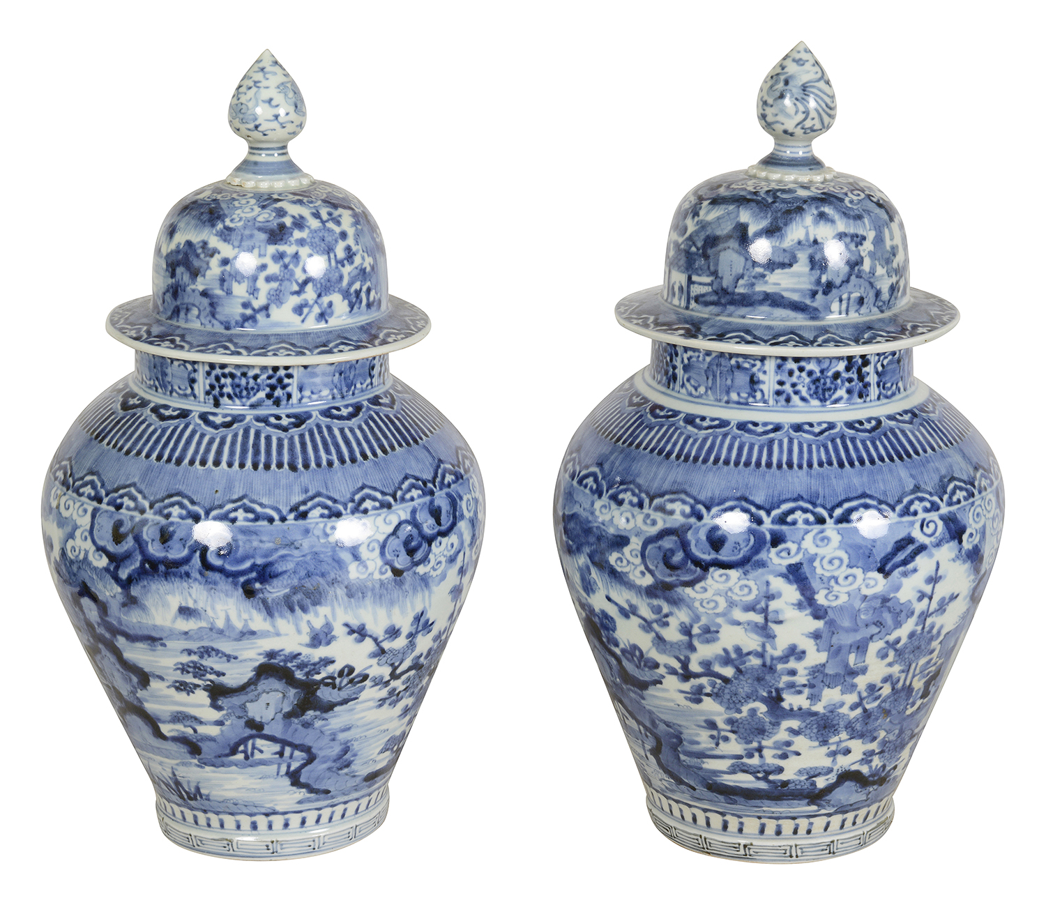 Rare Pair C17th Century Japanese Arita Blue and White porcelain lidded vases.