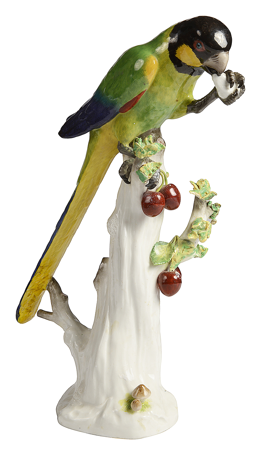 Meissen Parrot, perched on a tree trunk, C19th 26cm