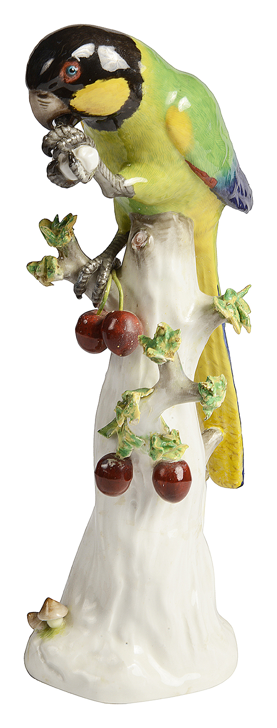 Meissen Parrot, perched on a tree trunk, C19th 26cm