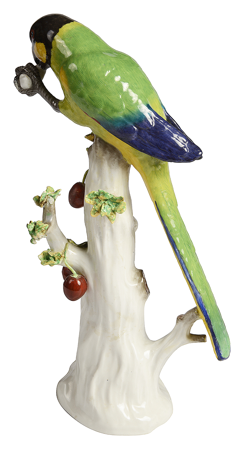 Meissen Parrot, perched on a tree trunk, C19th 26cm