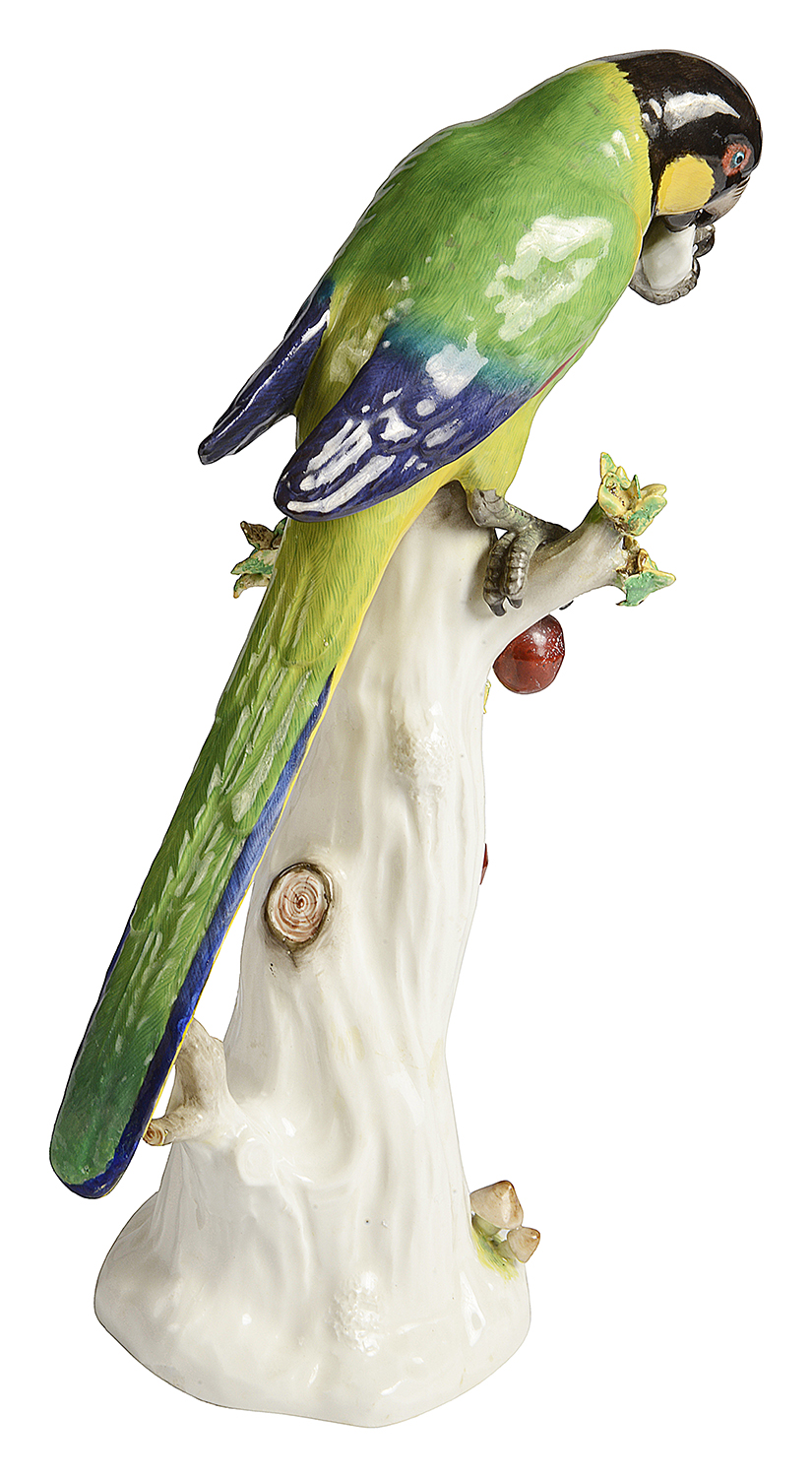 Meissen Parrot, perched on a tree trunk, C19th 26cm