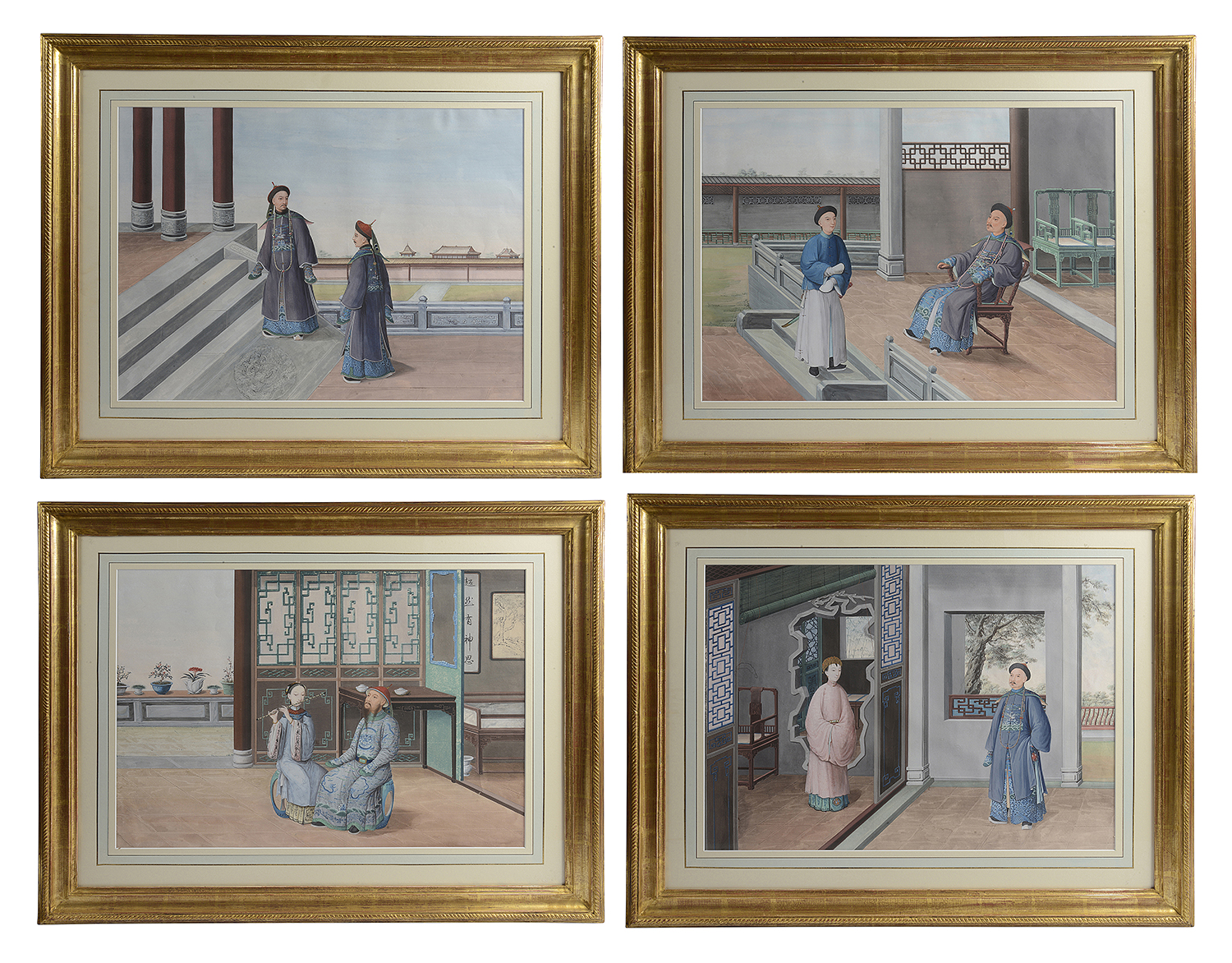 An enchanting set of 4 Chinese Canton watercolours, circa 1820. 