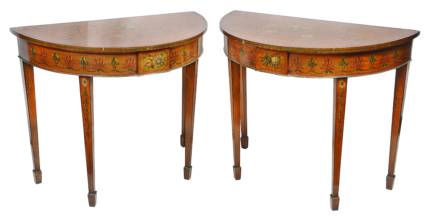 Pair Satinwood Demi lune Console / side tables, circa 1900