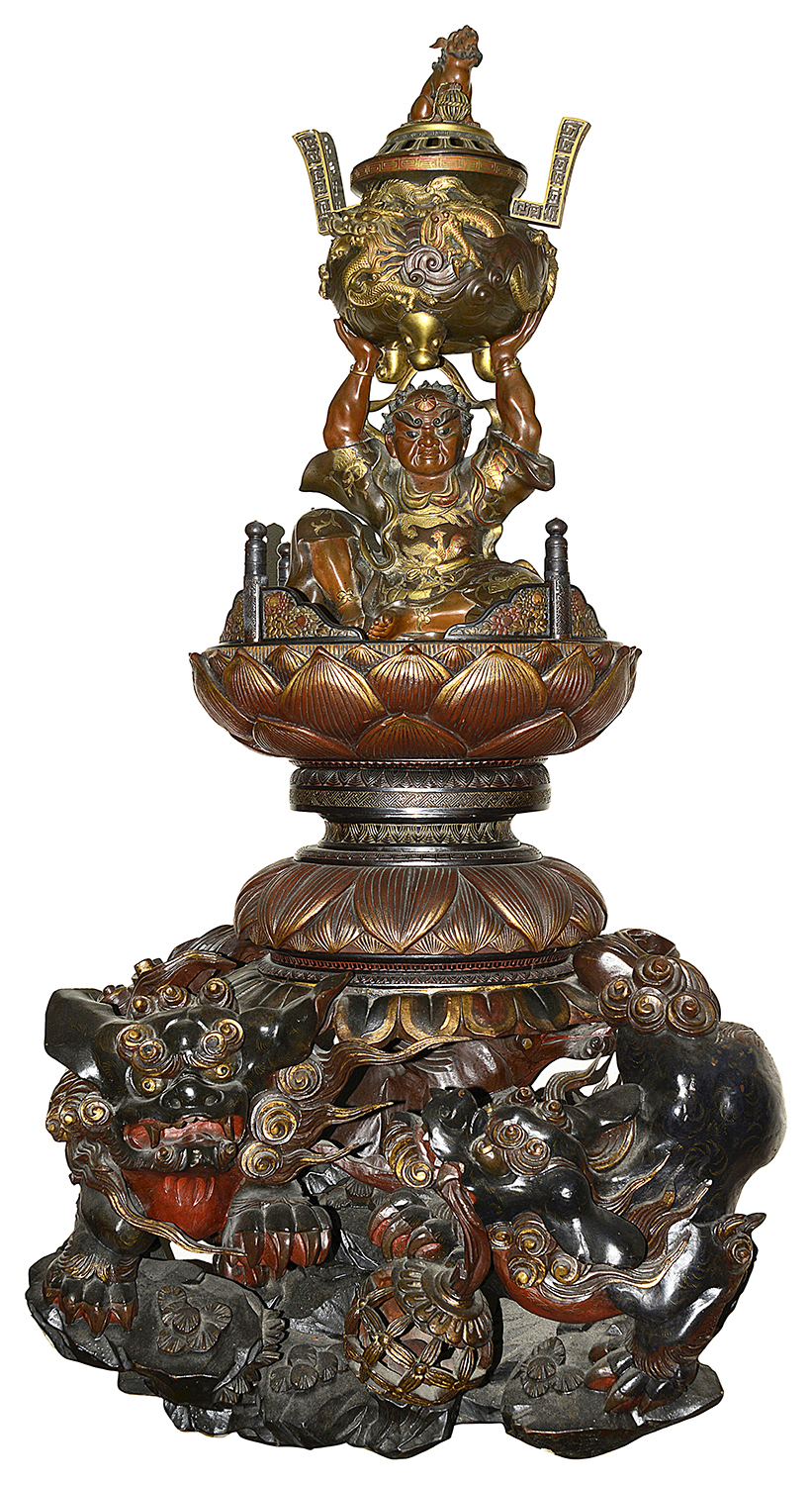 Japanese bronze of Benkei on carved wooden base, after Miyao. 150cm