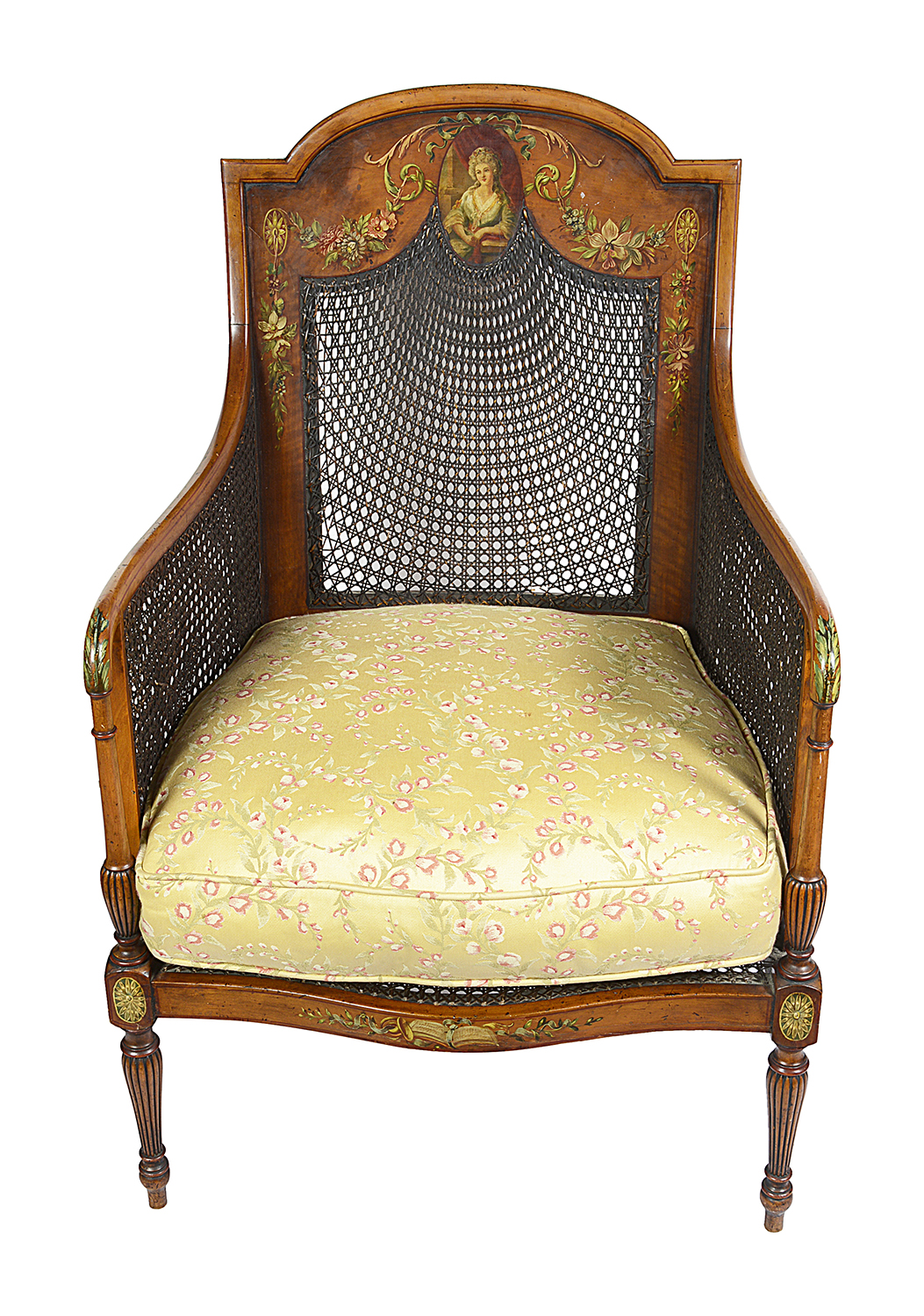 Pair Sheraton revival Satinwood bergere Library chairs, 1890
