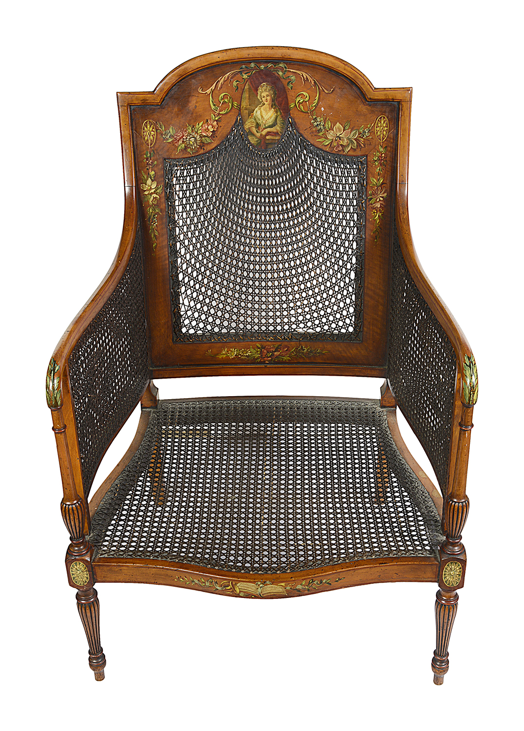 Pair Sheraton revival Satinwood bergere Library chairs, 1890