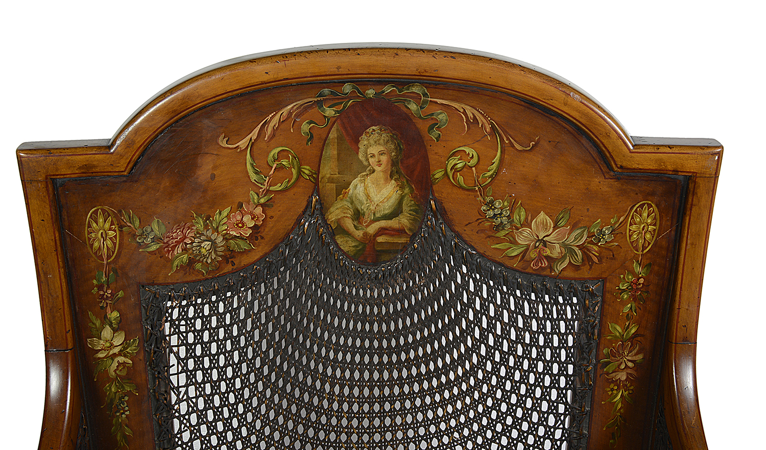 Pair Sheraton revival Satinwood bergere Library chairs, 1890