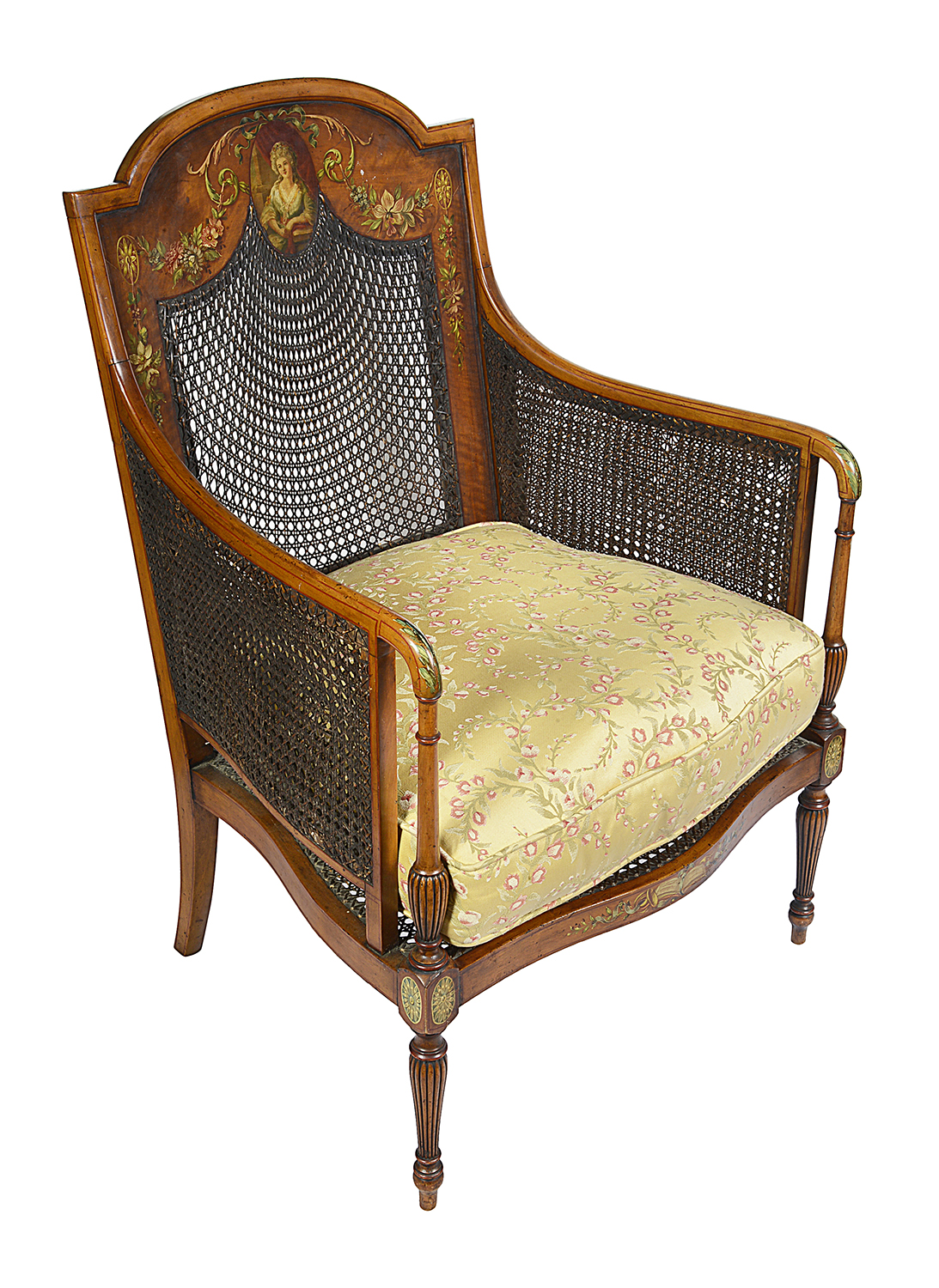 Pair Sheraton revival Satinwood bergere Library chairs, 1890