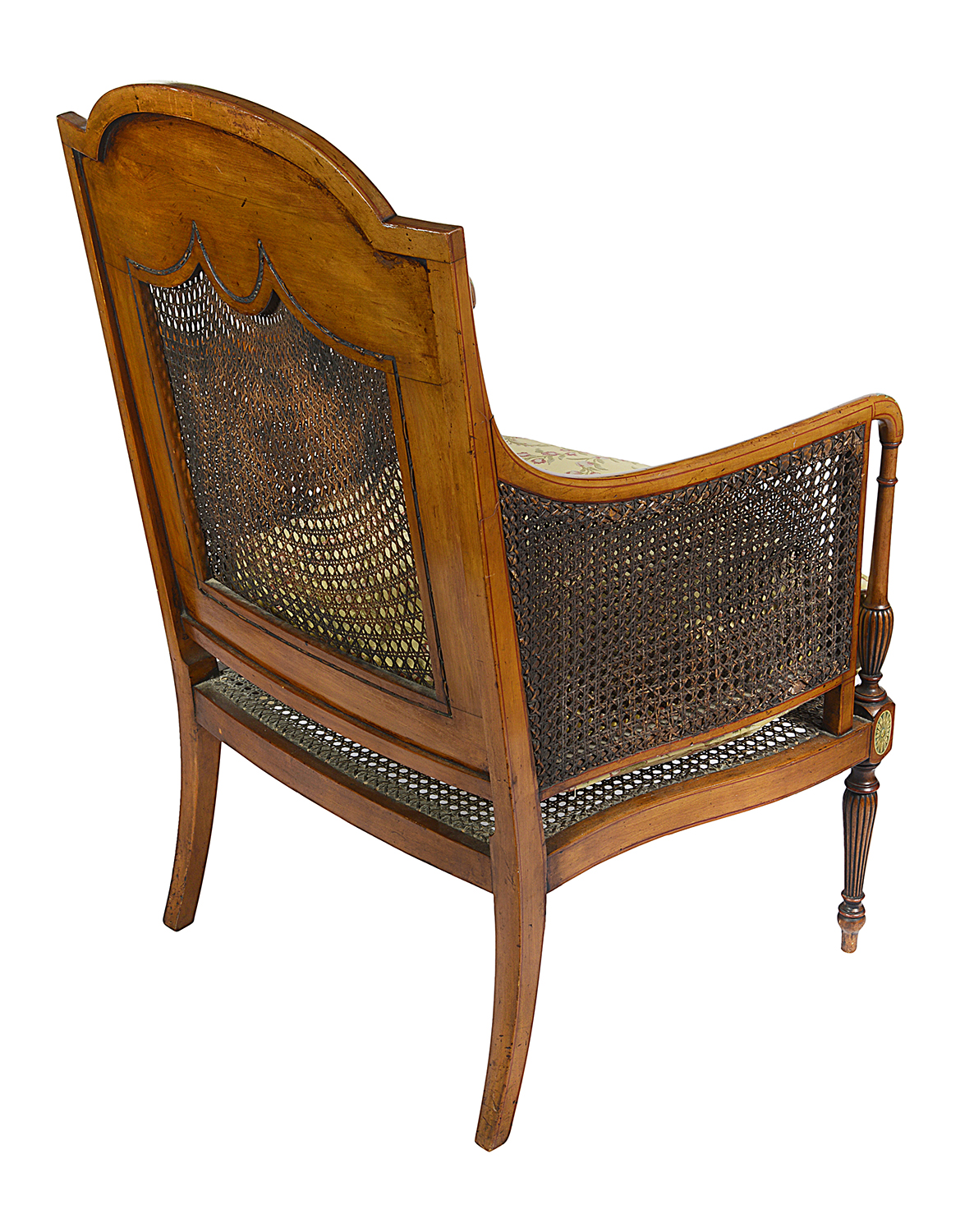 Pair Sheraton revival Satinwood bergere Library chairs, 1890