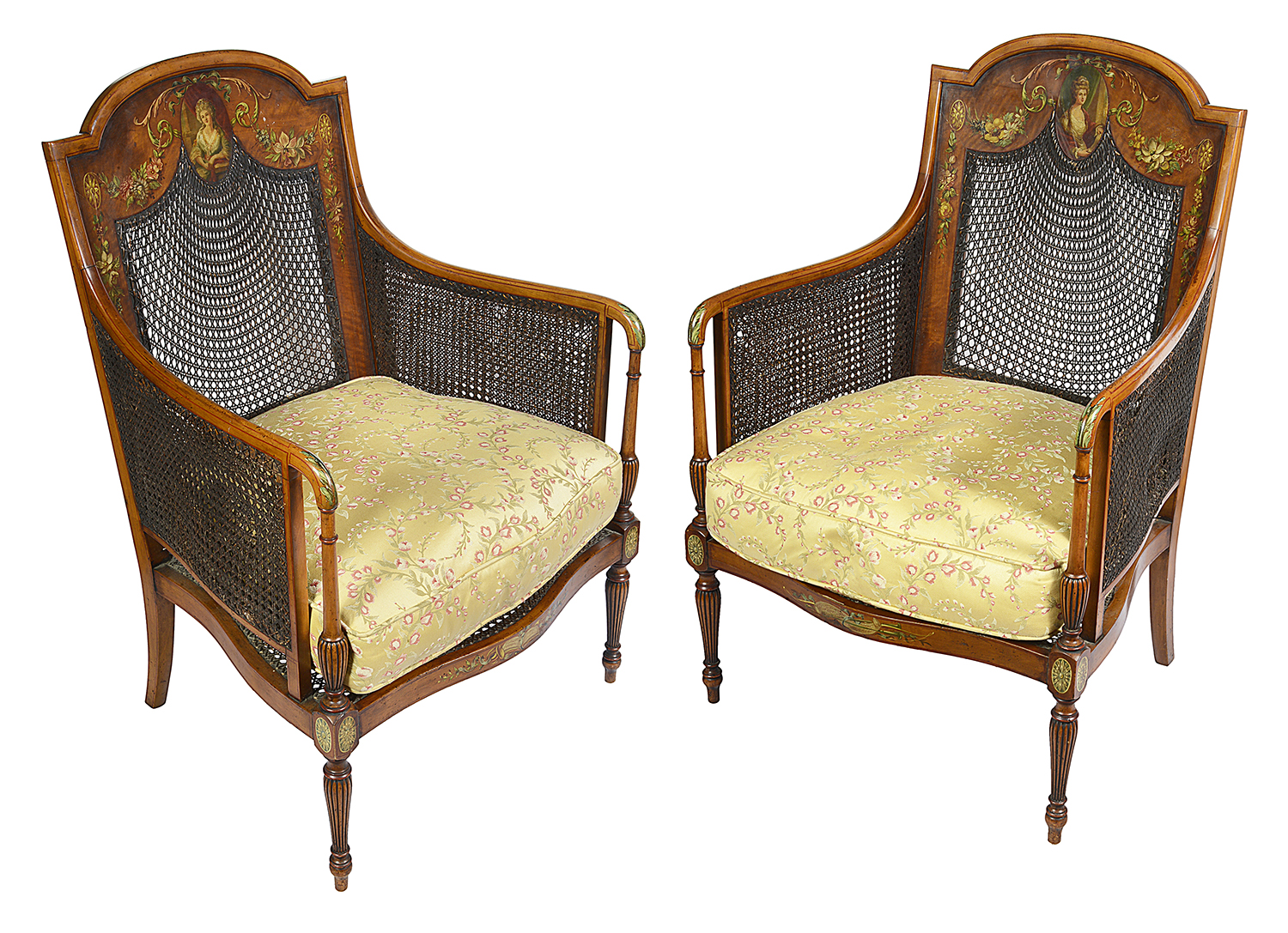 Pair Sheraton revival Satinwood bergere Library chairs, 1890