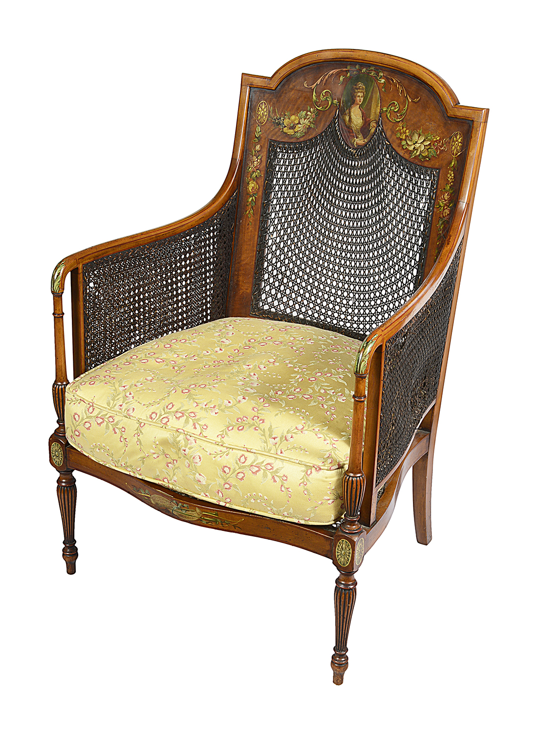 Pair Sheraton revival Satinwood bergere Library chairs, 1890