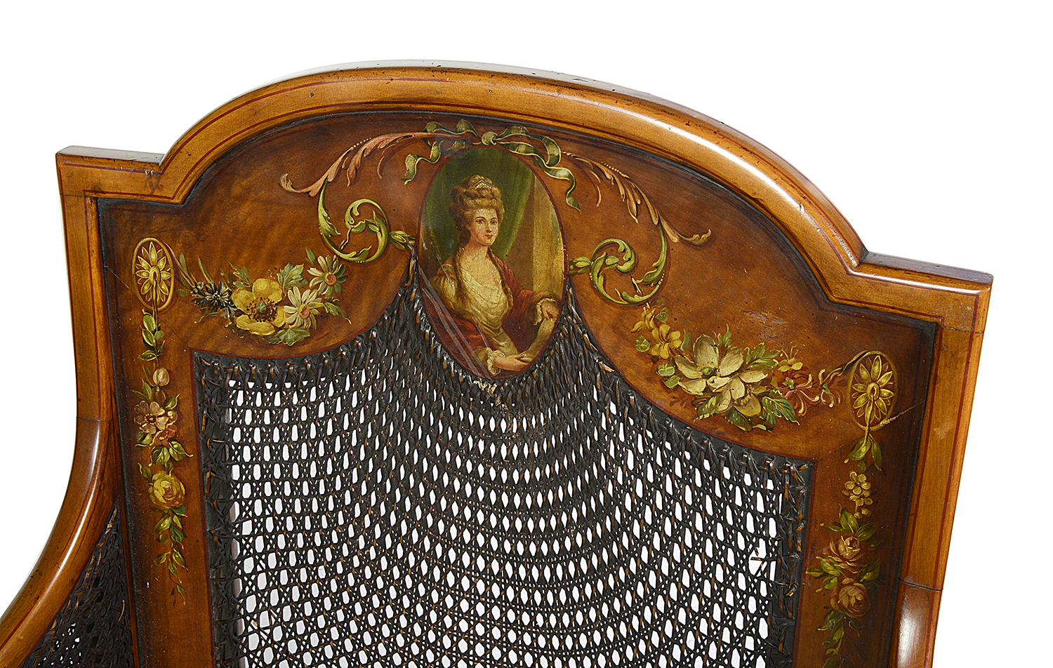 Pair Sheraton revival Satinwood bergere Library chairs, 1890