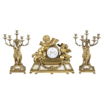 Large Louis XVI style ormolu and marble clock set.