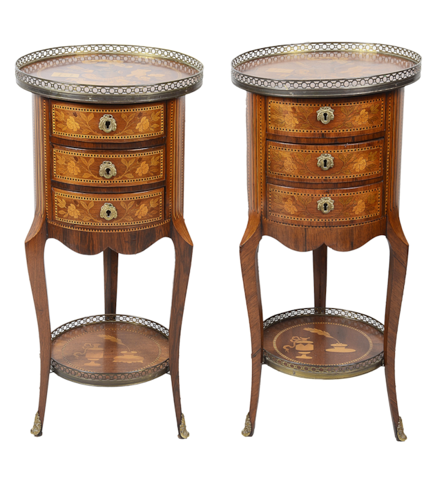 Pair French 19th Century marquetry side tables.