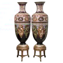 Pair large Japanese Meiji period Cloisonné enamel vases on stands.