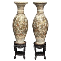 Large pair Satsuma vases on hardwood stands, circa 1880. 186cm