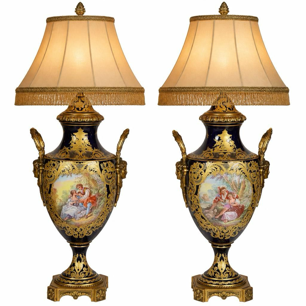 Pair 19th century French Sevres style porcelain lamps.