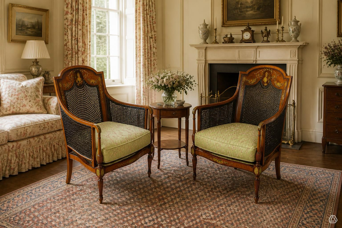 Pair Sheraton revival Satinwood bergere Library chairs, 1890