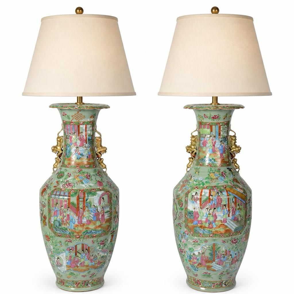 Pair C19th Rose Medallion vases / lamps