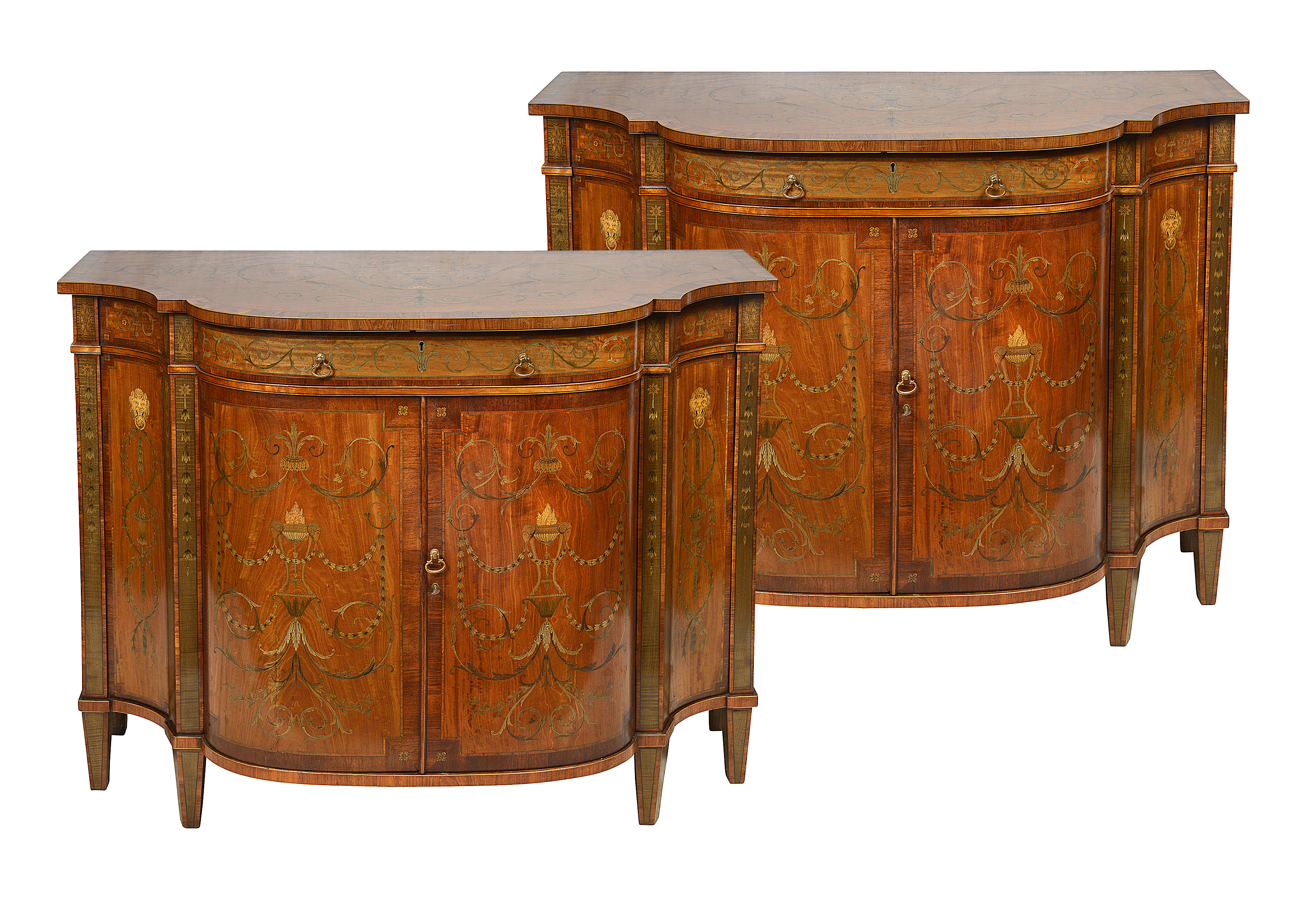 Fine quality pair of Sheraton revival bowed side cabinets, circa 1890