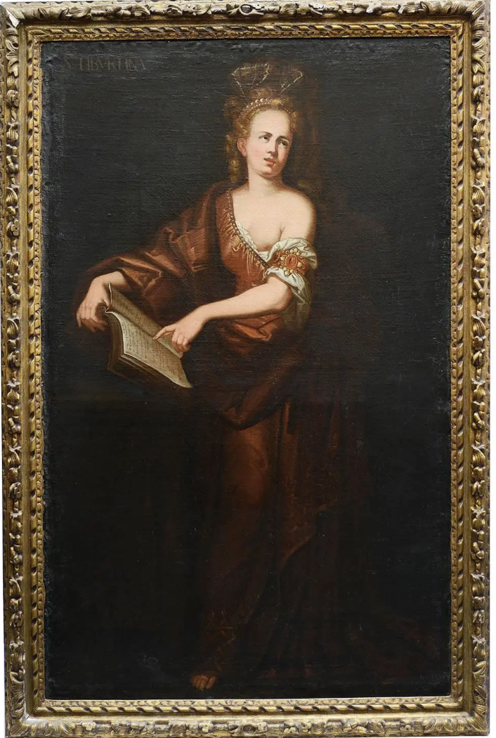 Specatular pair C18th oil on canvas painting of Cumaean + Persian Sibyls. 182cm high