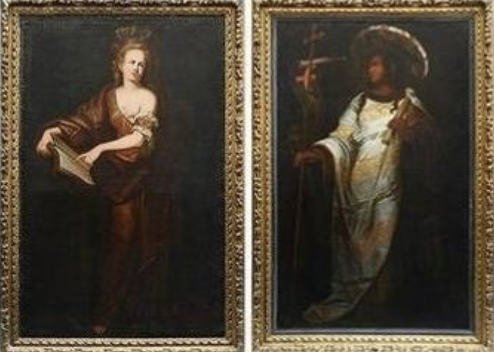 Specatular pair C18th oil on canvas painting of Cumaean + Persian Sibyls. 182cm high