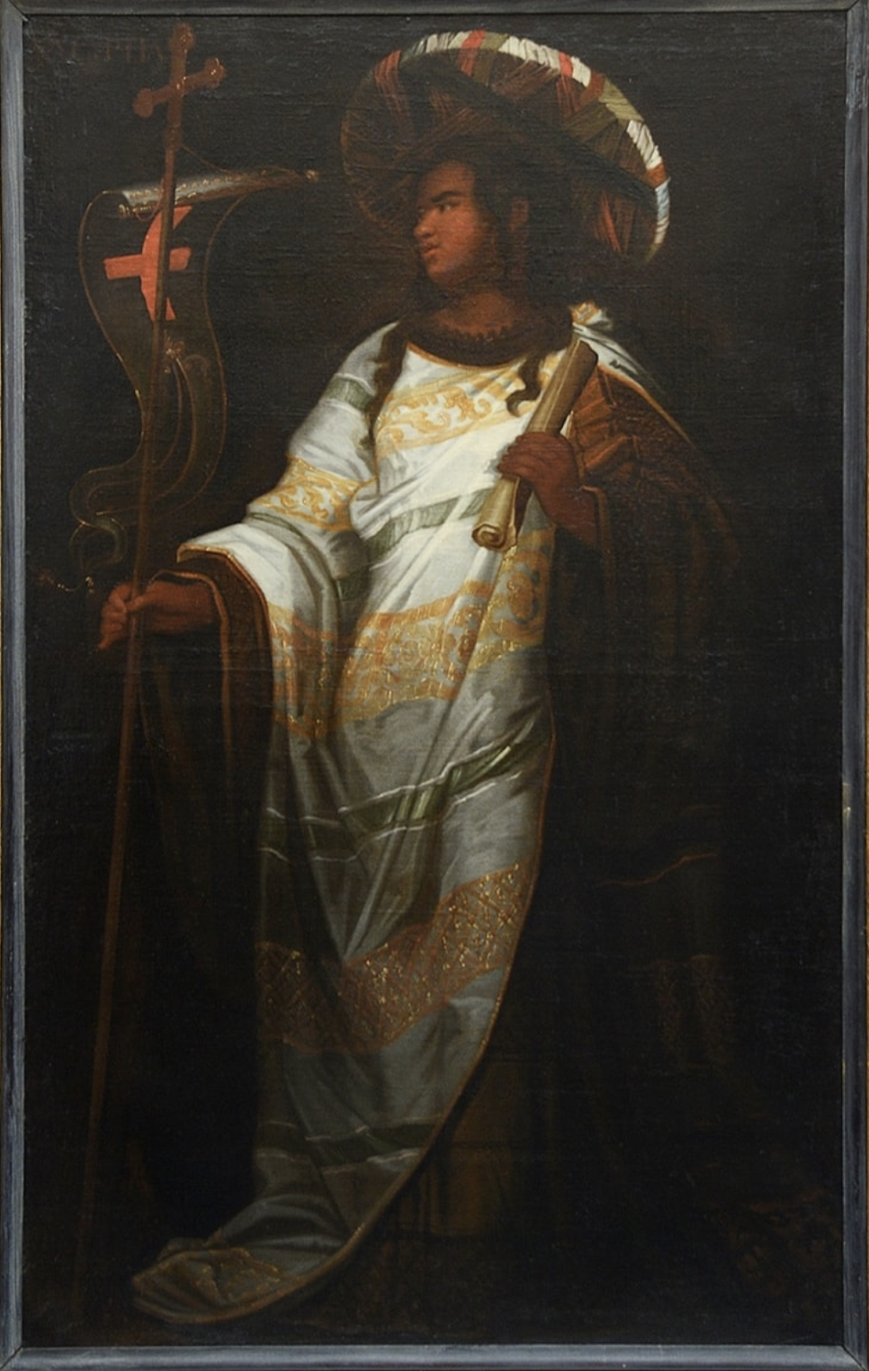 Specatular pair C18th oil on canvas painting of Cumaean + Persian Sibyls. 182cm high
